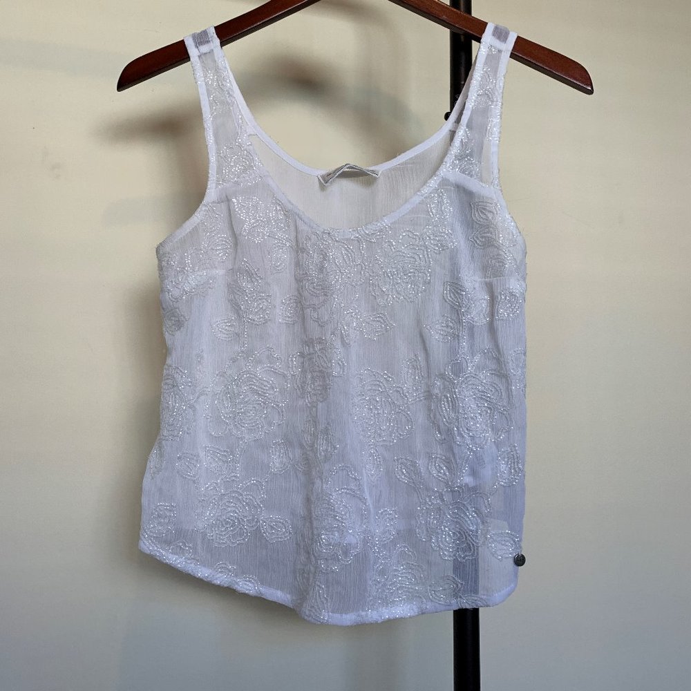XS A&F Sheer White Beaded Floral Tank Top